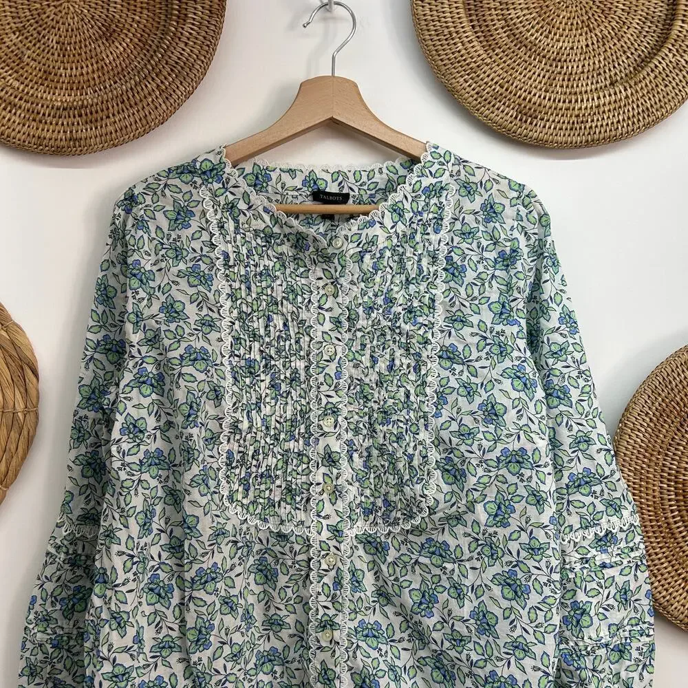 NEW Talbots Flower Floral Button Up Ruffle Lace Long Sleeve Blouse Top Large - Picture 3 of 8